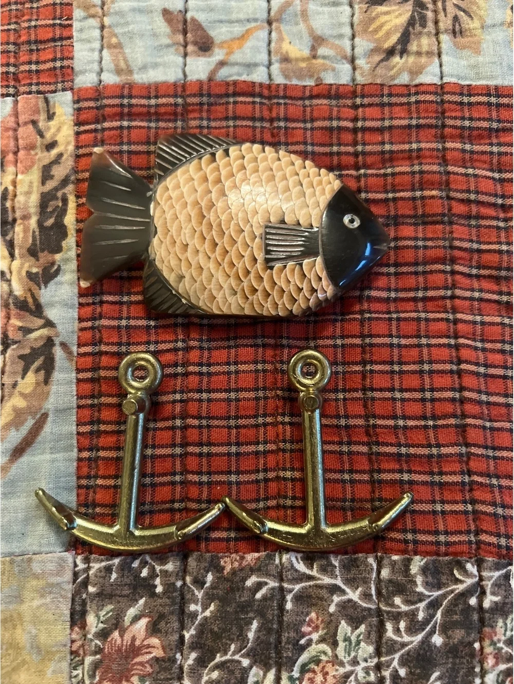 Vintage Fish Shaped Wall Hook with Brass Anchor Hooks
